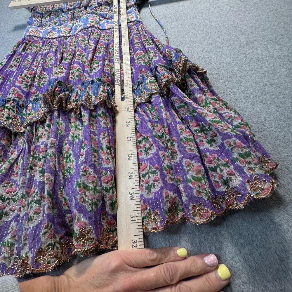 Hemant and Nandita Mini Dress Purple Floral Metallic Ruffle XS Bohemian Tassel - Picture 5 of 9